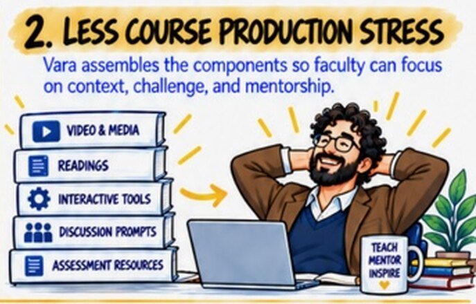 A relaxed professor leans back from a laptop beside a stack of course components: video and media, readings, interactive tools, discussion prompts and assessment resources. His mug reads Teach, Mentor, Inspire.