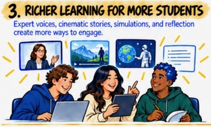 Three smiling students on laptops and a tablet, with screens above them showing an expert speaker, a mountain film, a simulation of Earth and a reflection prompt.