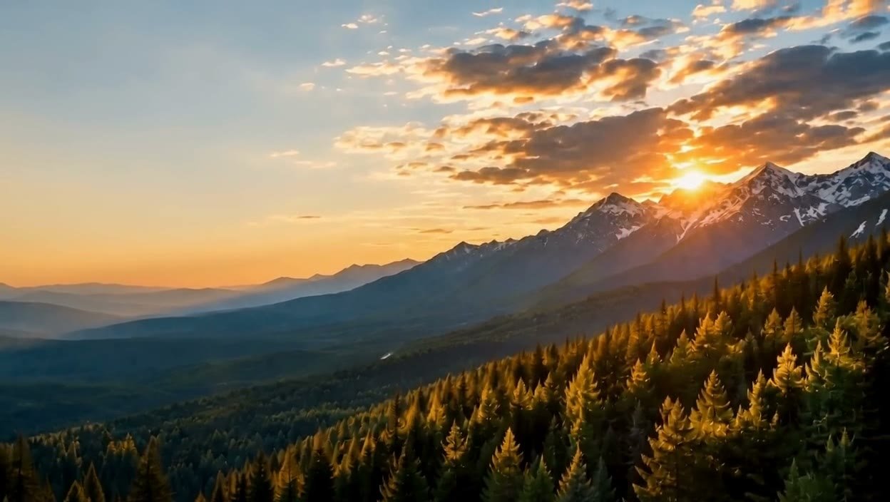 A forested ridge at sunset, the light low over a range of valleys